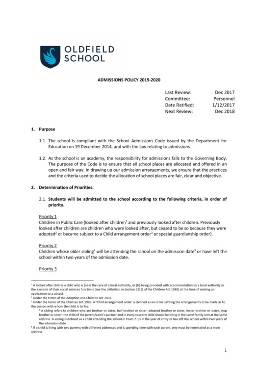 Admissions Policy 2019 - Oldfield School