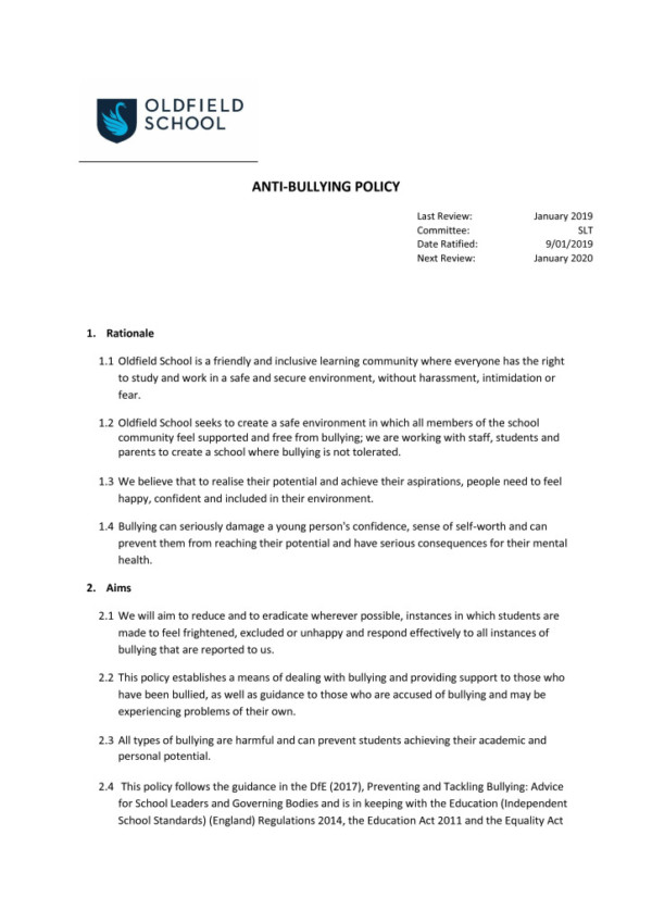 thumbnail of Anti-bullying Policy 2019 SLT