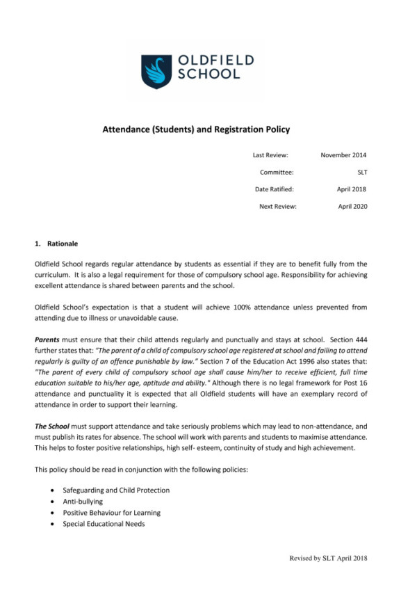 thumbnail of Attendance (students) Policy 2018 SLT