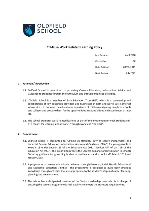 thumbnail of CEIAG & Work Related Learning Policy 2019 CC