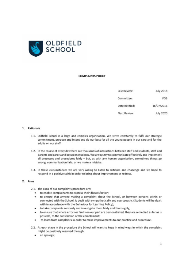 thumbnail of Complaints Policy 2018 FGB
