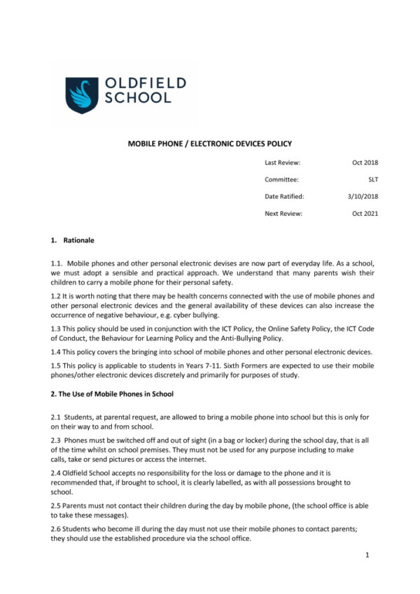 thumbnail of Mobile Phone Policy SLT 2018