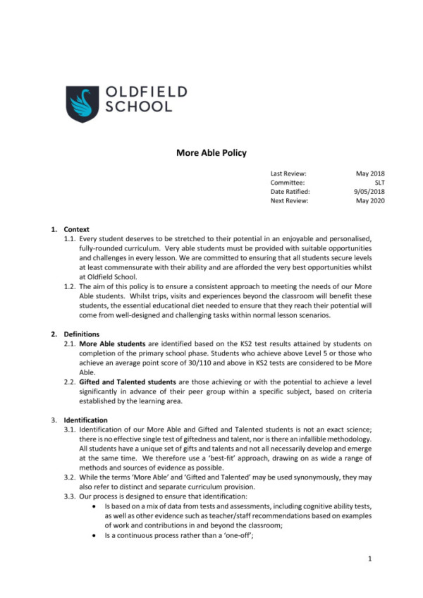 thumbnail of More Able Policy 2018 SLT