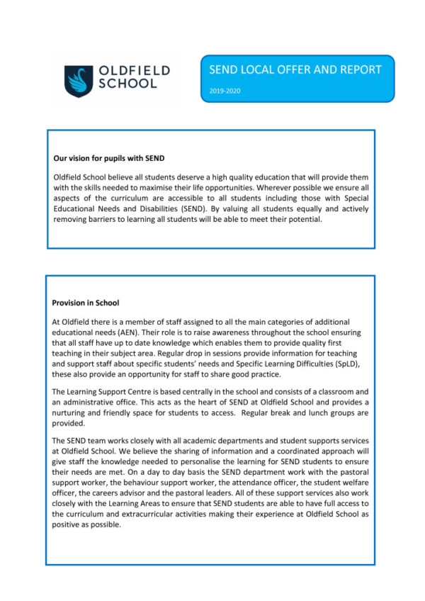 thumbnail of Oldfield SEND Local Offer and Report 2019-2020