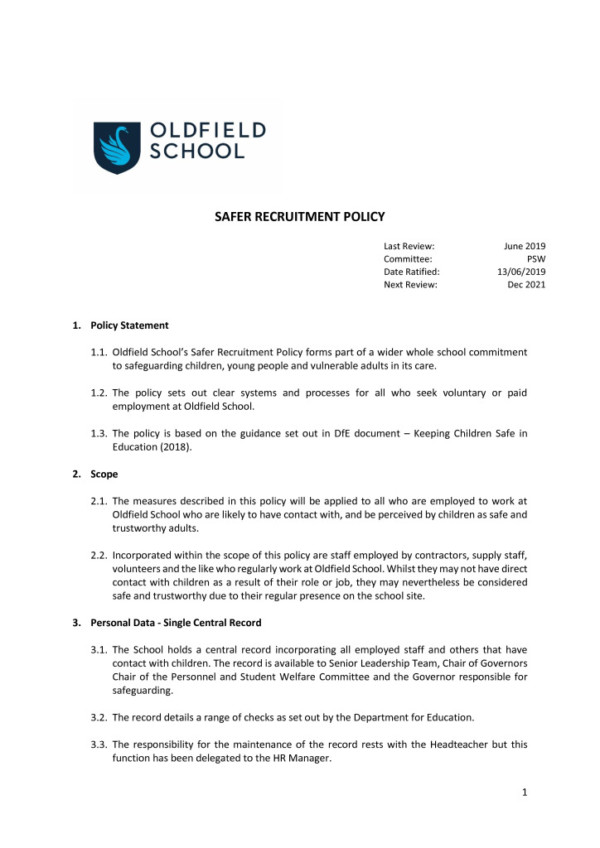 thumbnail of Safer Recruitment Policy PSW 2019