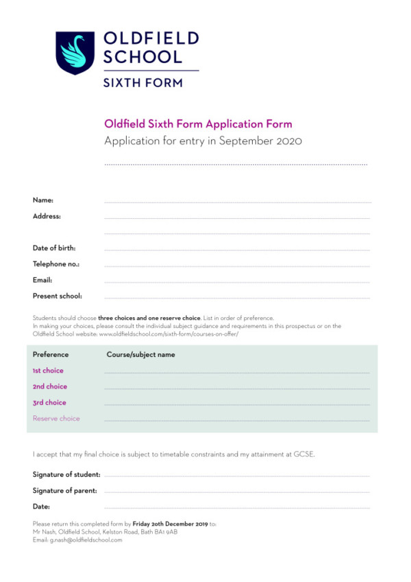 thumbnail of Sixth Form Application Form FINAL
