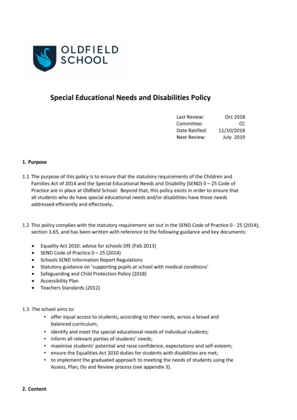 thumbnail of Special Educational Needs and Disabilities Policy July 2019 CC