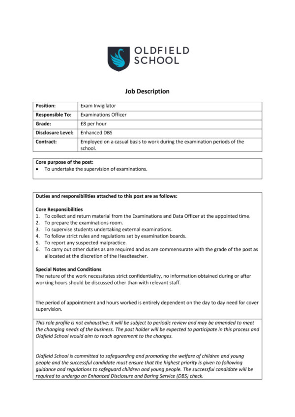 thumbnail of Exam Invigilator Job Description and Person Specification