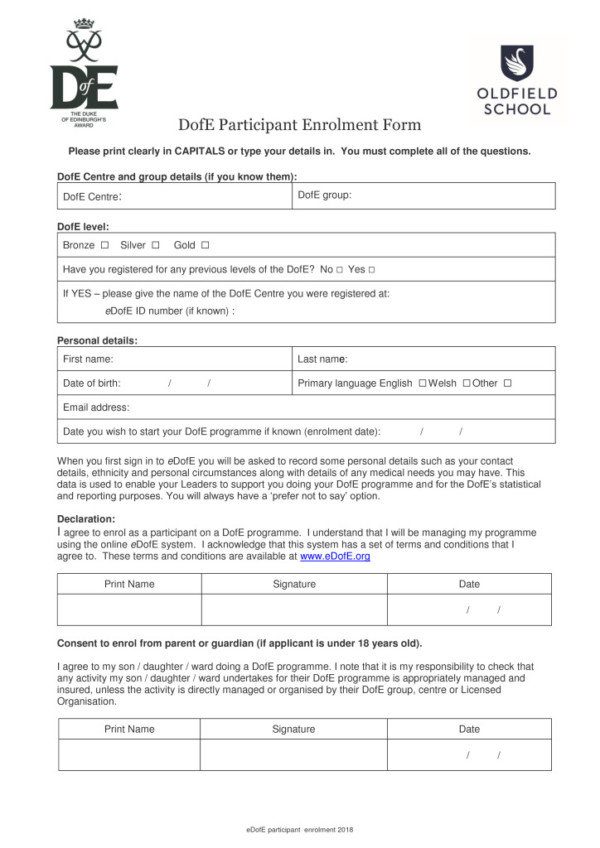 thumbnail of DofE enrolment form