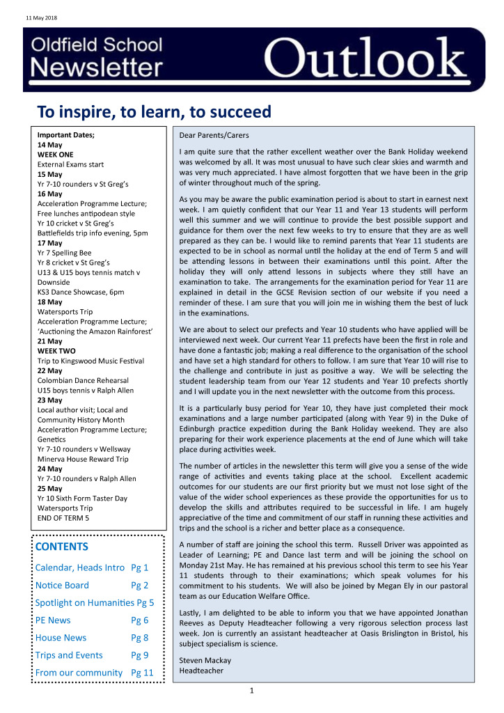 Outlook Newsletter 14.05.18