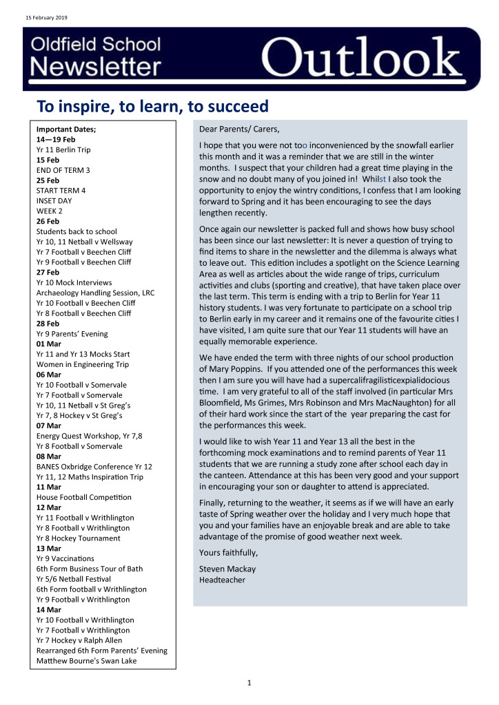 Oldfield School Newsletter 15.02.19