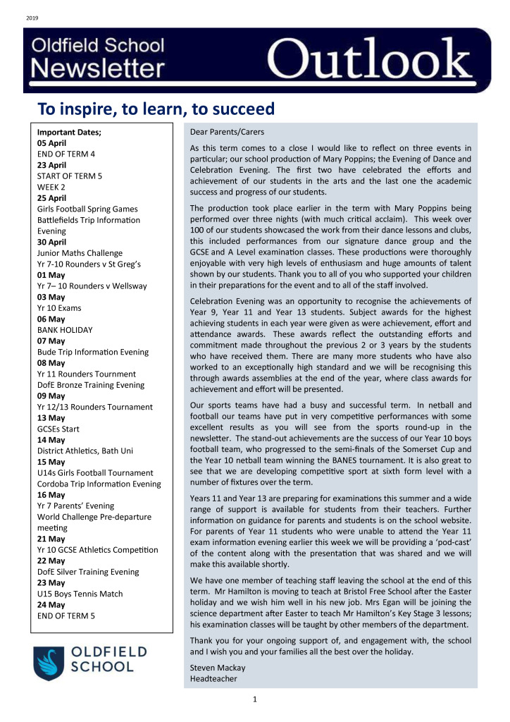 Oldfield Newsletter 05.04.19