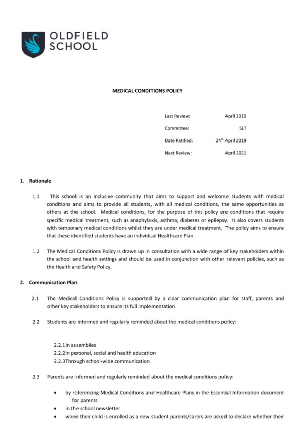 thumbnail of Medical Conditions Policy 2019 SLT