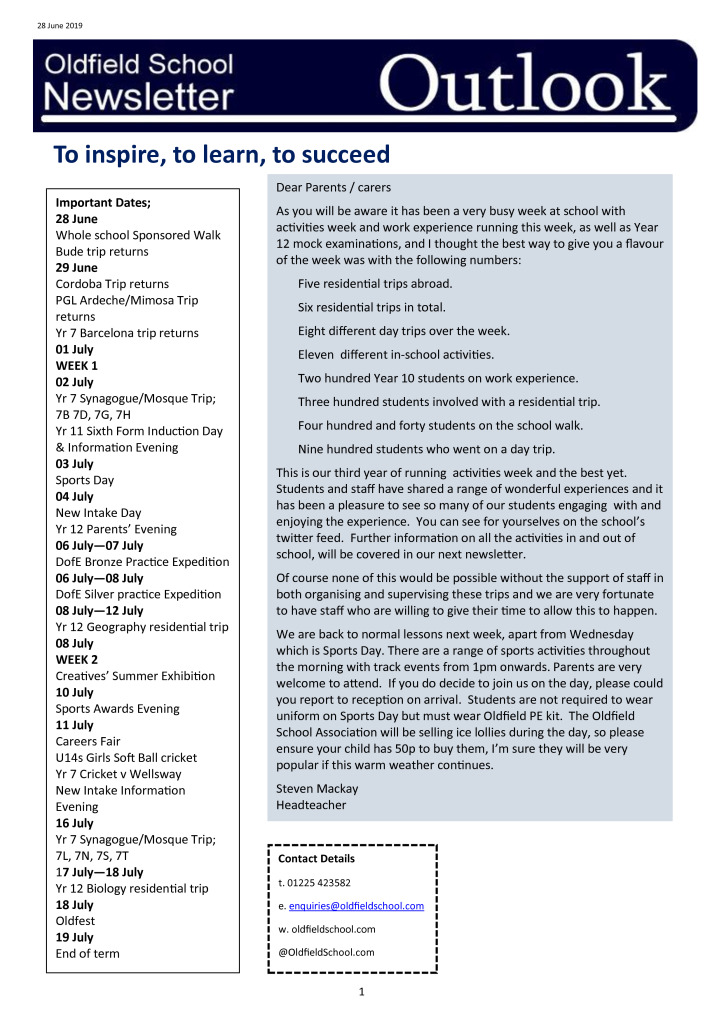 Oldfield School Newsletter 28.06.19