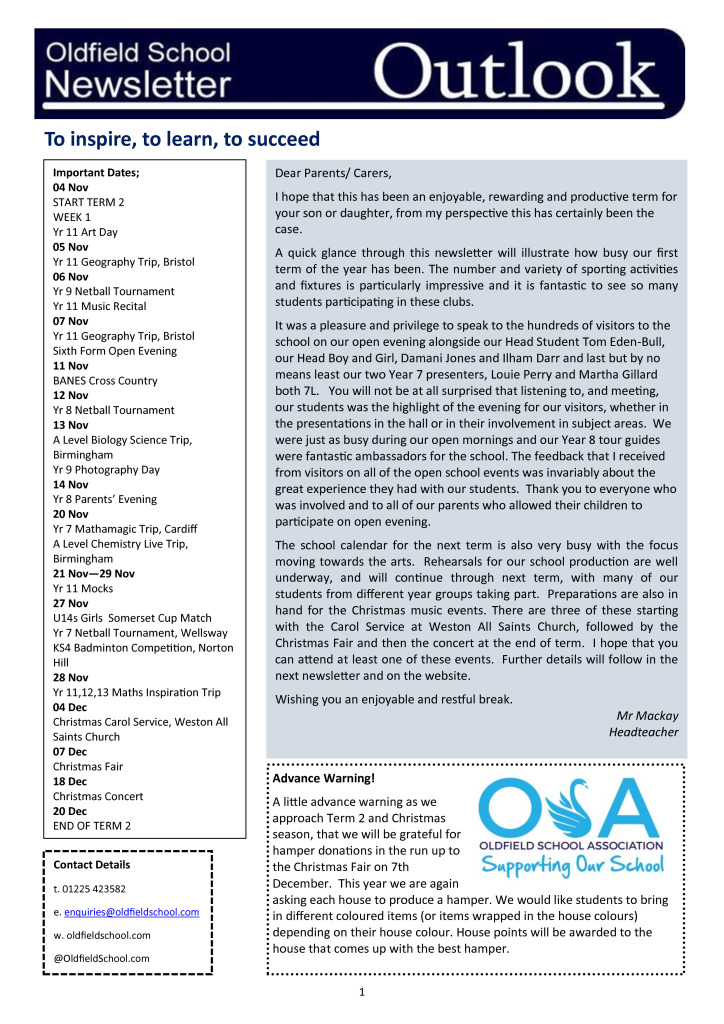 Oldfield School Newsletter 25.10.19