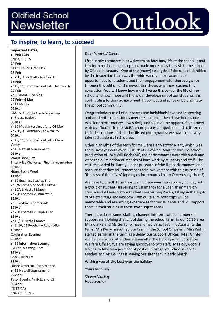 Oldfield School Newsletter 13.02.20