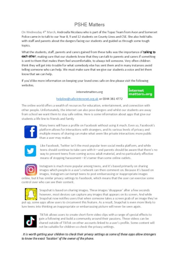 thumbnail of PSHE Matters County Lines and CSE Newsletter Article