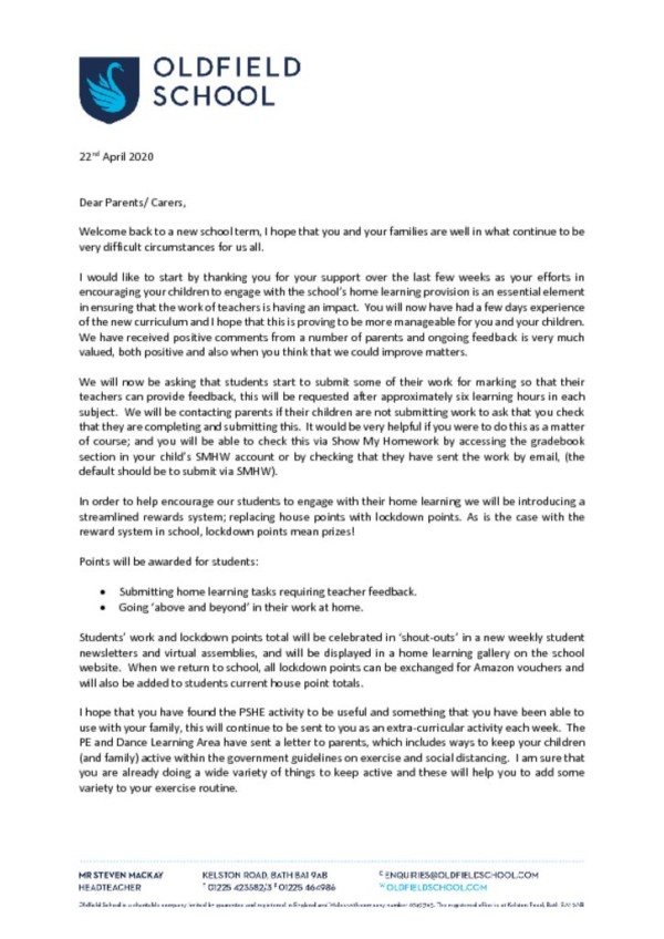 thumbnail of 22nd April 2020 – Letter to Parents