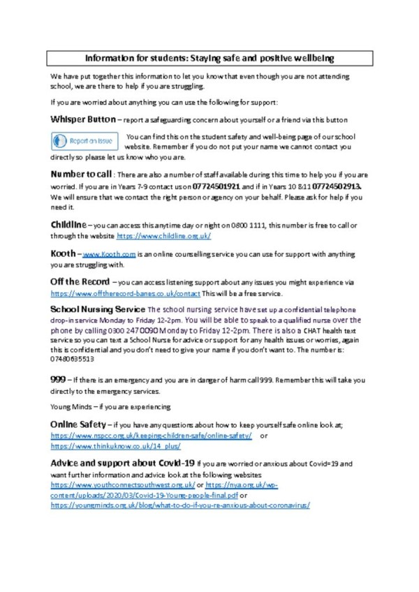 thumbnail of Information for students; staying safe and positive wellbeing