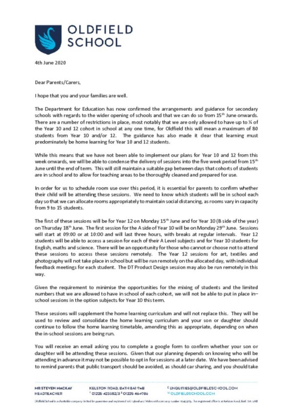 thumbnail of 4th June – Year 10 12 Letter