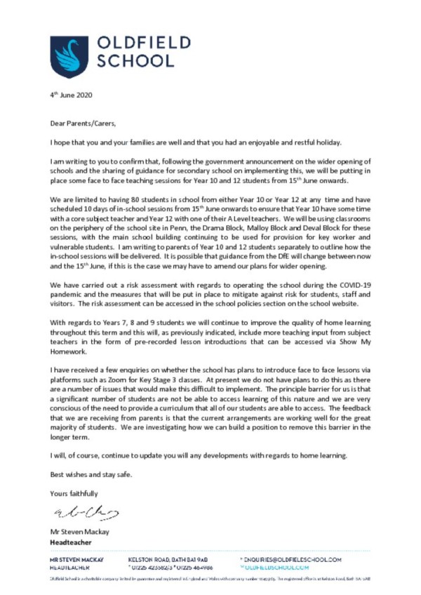thumbnail of 4th June – letter to parents