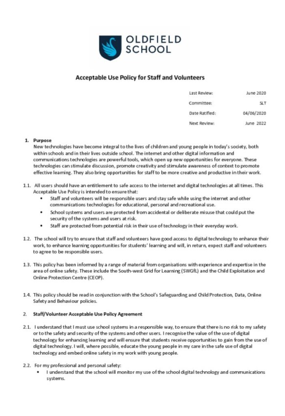 thumbnail of Acceptable Use Policy for Staff and Volunteers June 2020