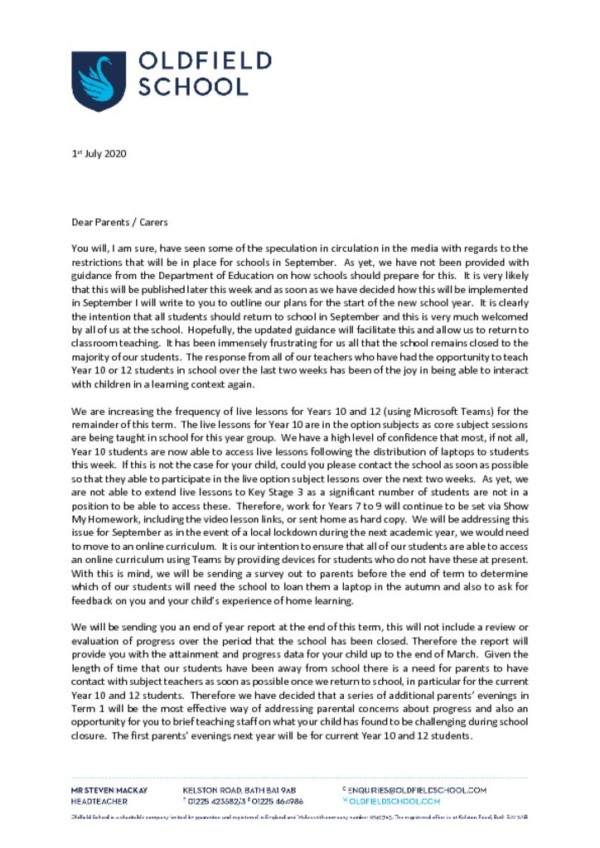 thumbnail of 1st July 2020 – letter to parents