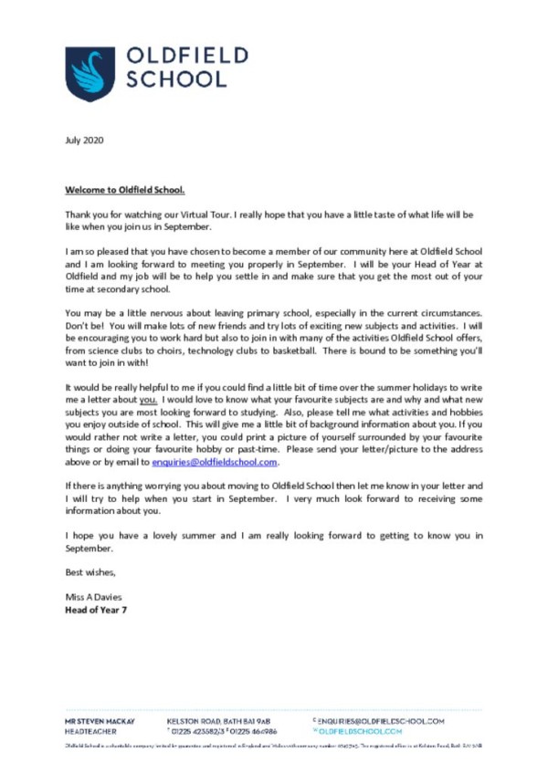 thumbnail of Head of Year Welcome Letter