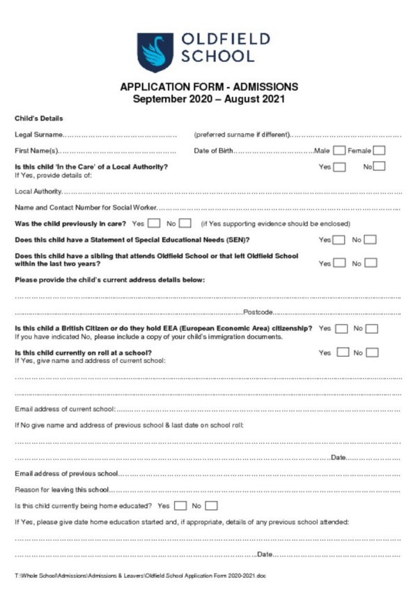 thumbnail of Oldfield School Application Form 2020-2021