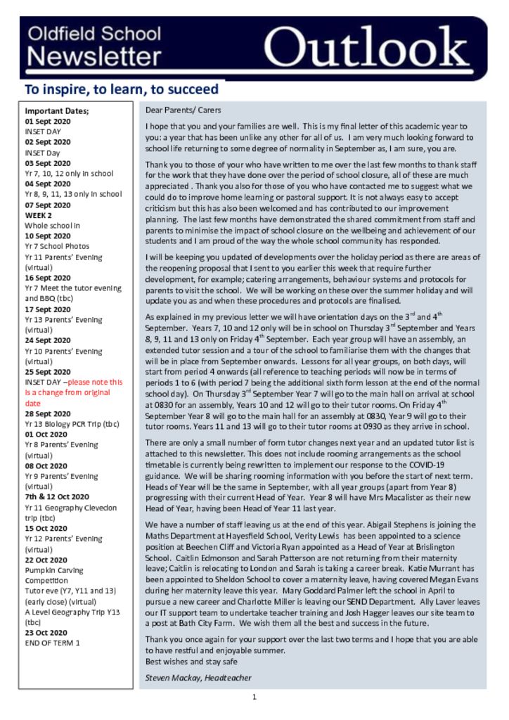 Oldfield School Newsletter 17.07.20