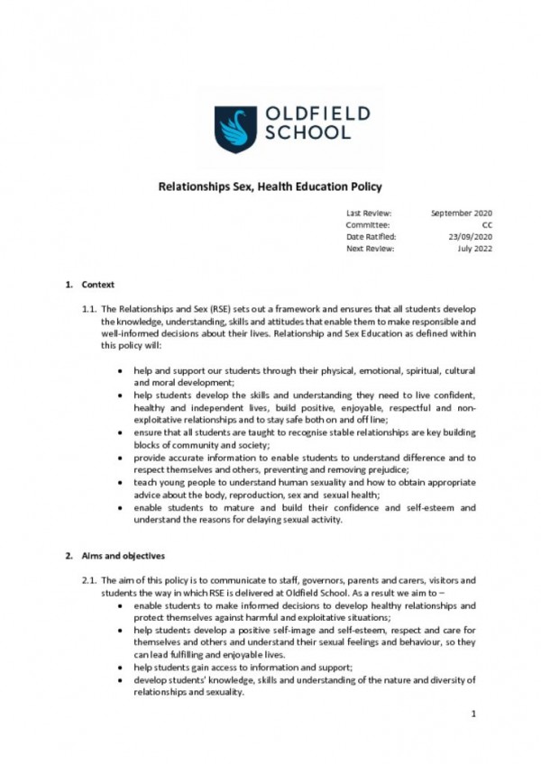 thumbnail of Sex and Relationship Education Policy 2020