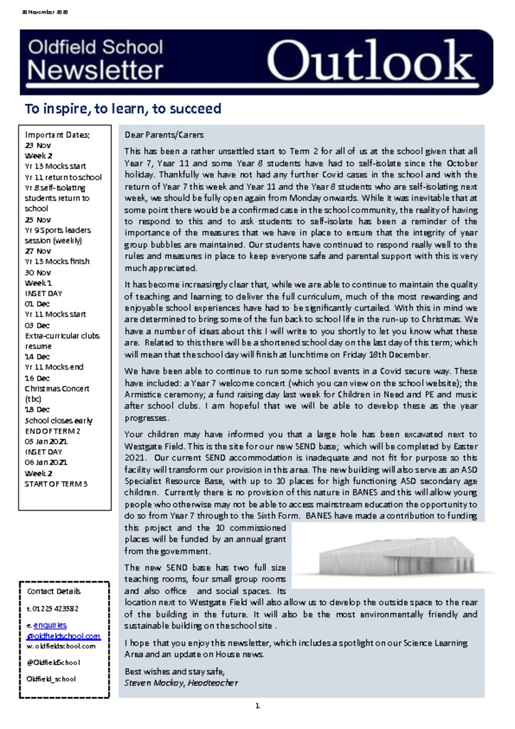 Oldfield School Newsletter 20.11.20