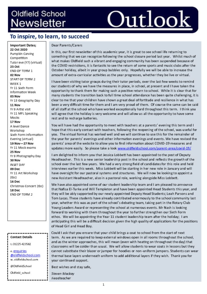 Oldfield School Newsletter 23.10.20