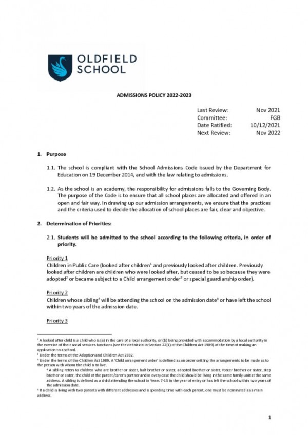 thumbnail of Admissions Policy 2022 FGB