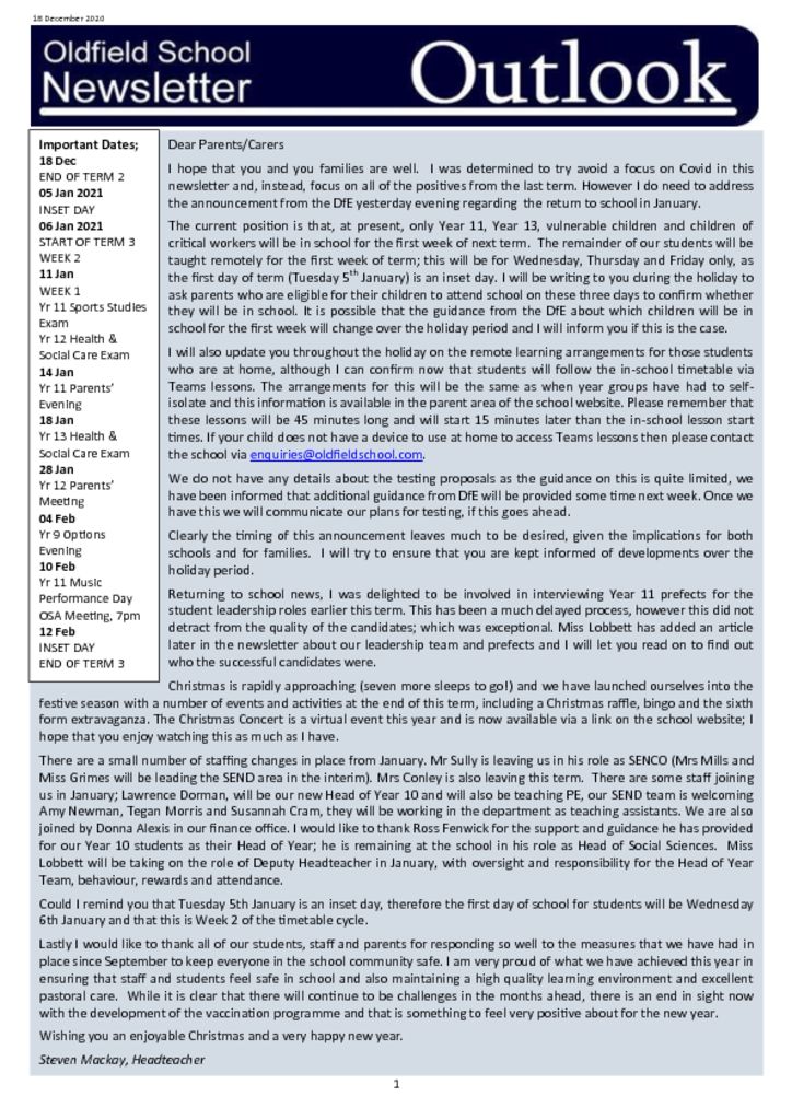 Newsletter 18.12.20
