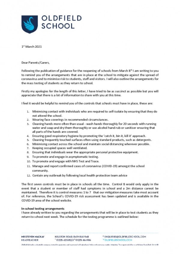 thumbnail of 02.03.21 Letter to parents March reopening arrangements