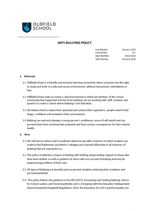 thumbnail of Anti-bullying Policy 2019 SLT
