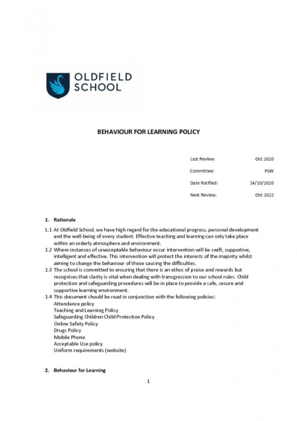 thumbnail of Behaviour for Learning Policy 2020