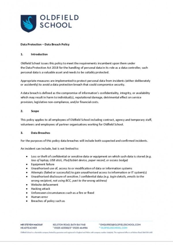 thumbnail of Data Protection Breach Policy 2020