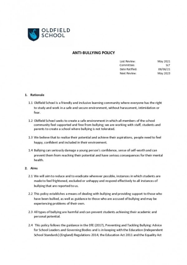 thumbnail of Anti-bullying Policy 2021
