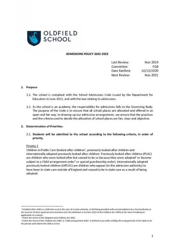 thumbnail of Admissions Policy 2022-2023