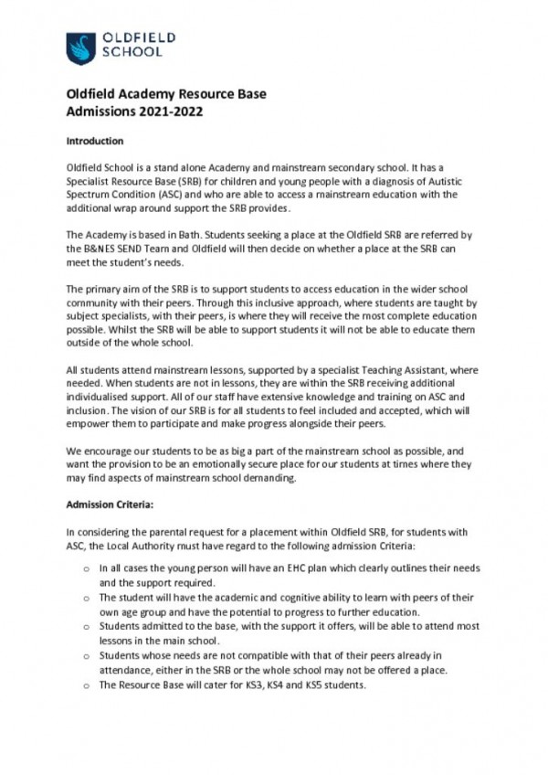 thumbnail of Admissions Policy Oldfield Resource Base