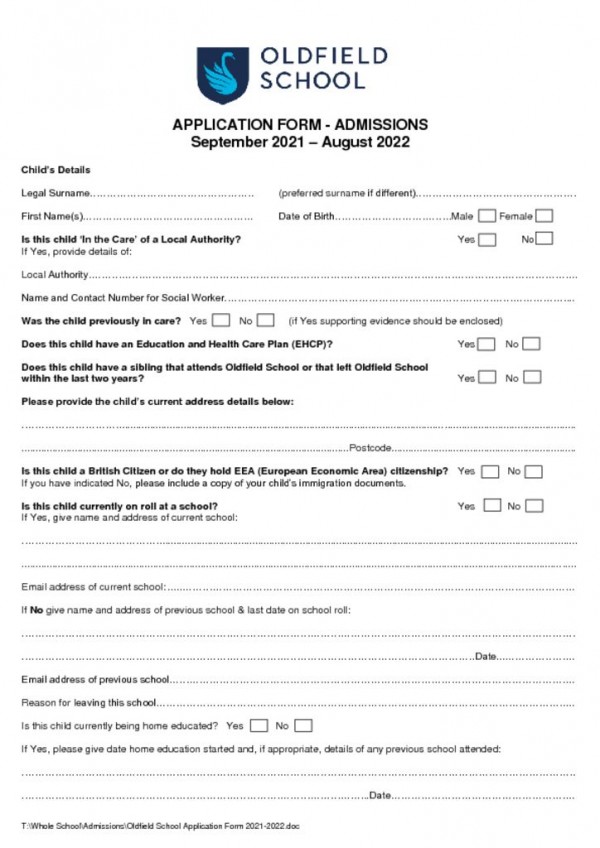 thumbnail of Oldfield School Application Form 2021-2022