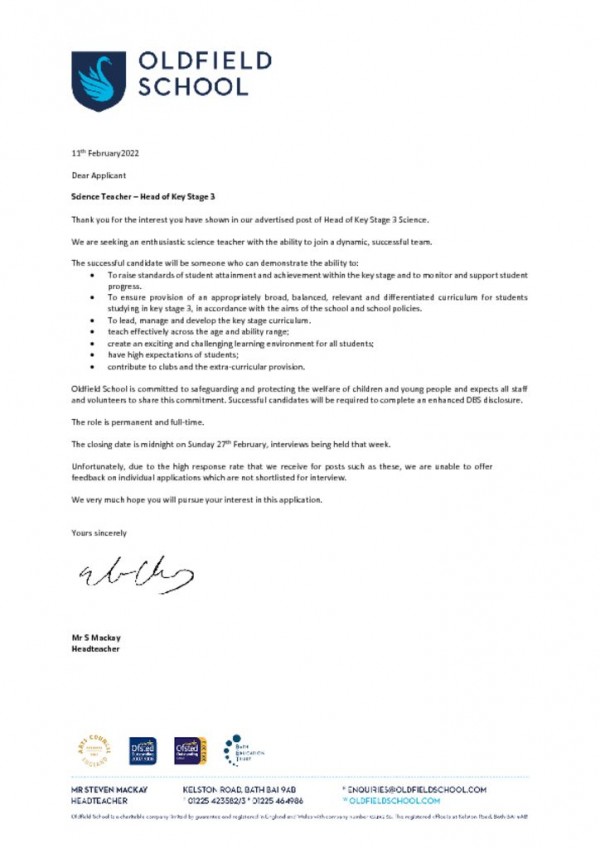 thumbnail of Head of Key Stage 3 Science Letter to Candidate