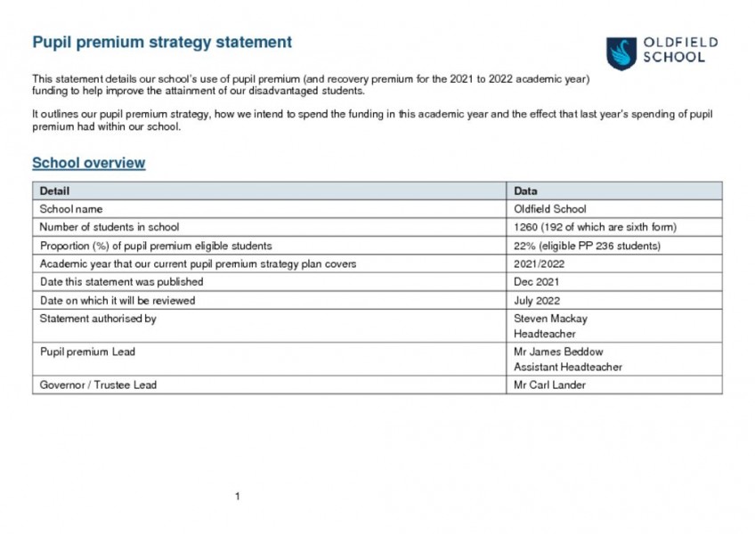 thumbnail of Pupil premium strategy Oldfield School 2021-2022