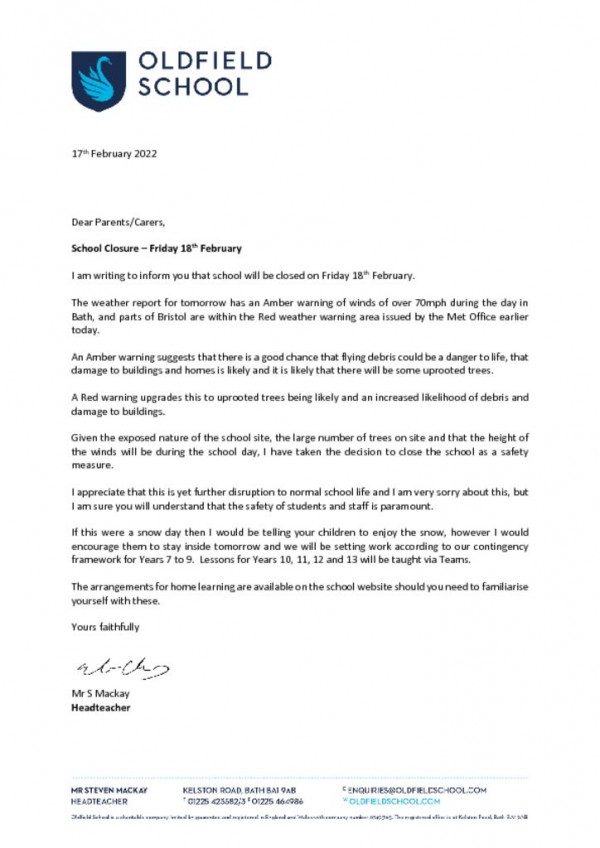 thumbnail of School Closure 17.2.22
