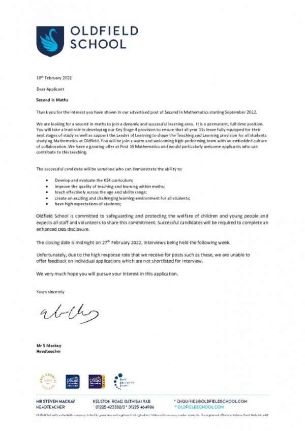 thumbnail of Second in maths Letter to Candidate Feb 22