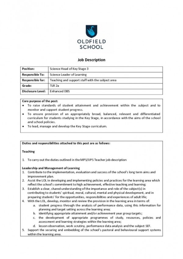 thumbnail of Science Head of KS3 JD PS