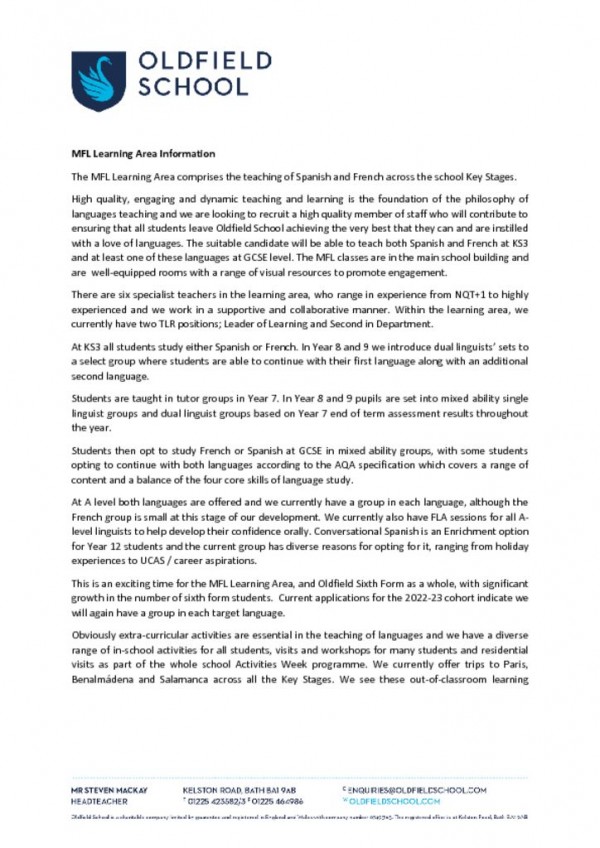 thumbnail of MFL Learning Area Information 2022