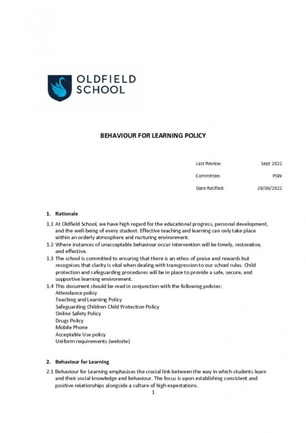 thumbnail of Behaviour for Learning Policy PSW 2022
